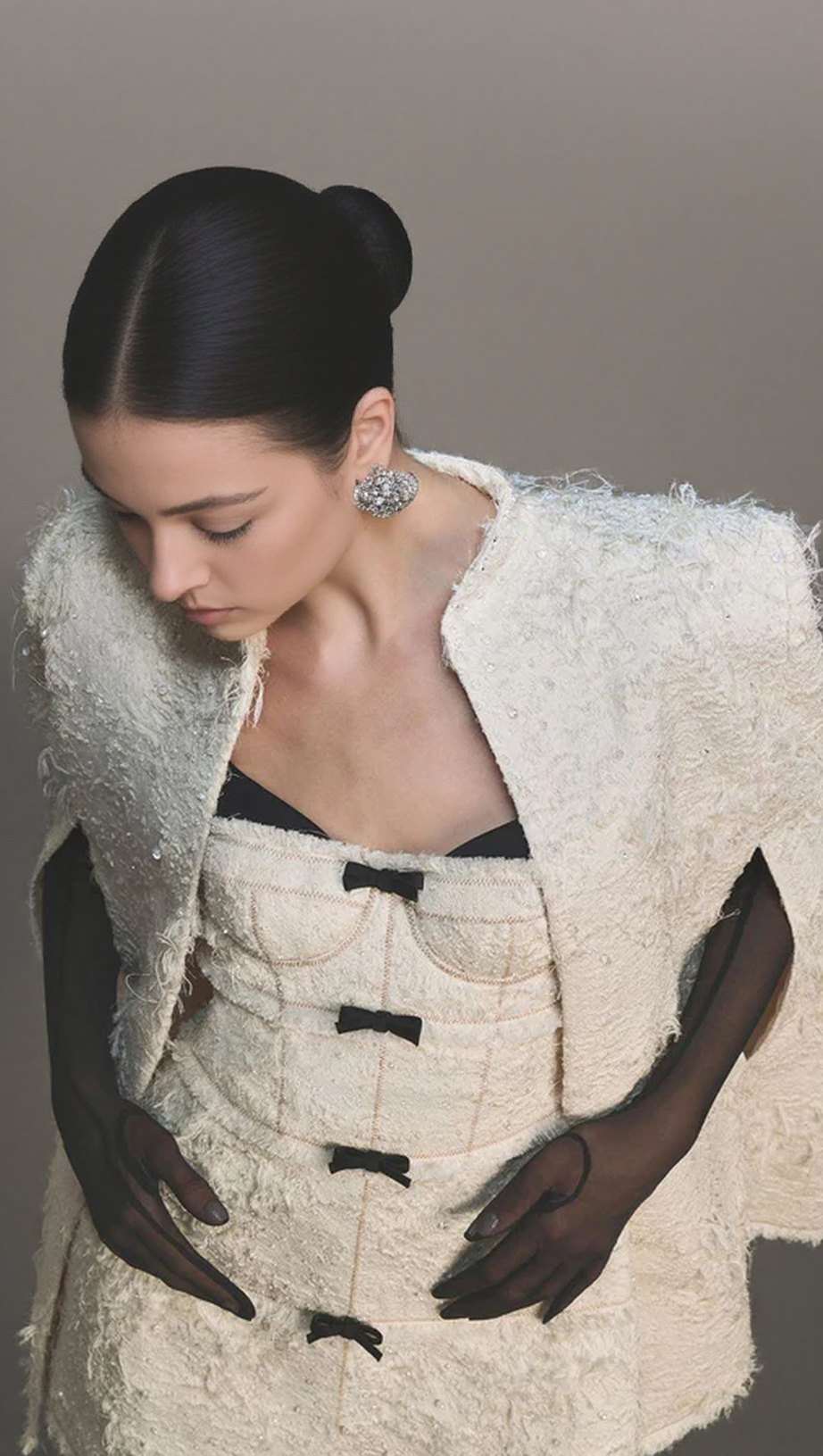 SANTOS BOW JACQUARD MINI DRESS - BEIGE