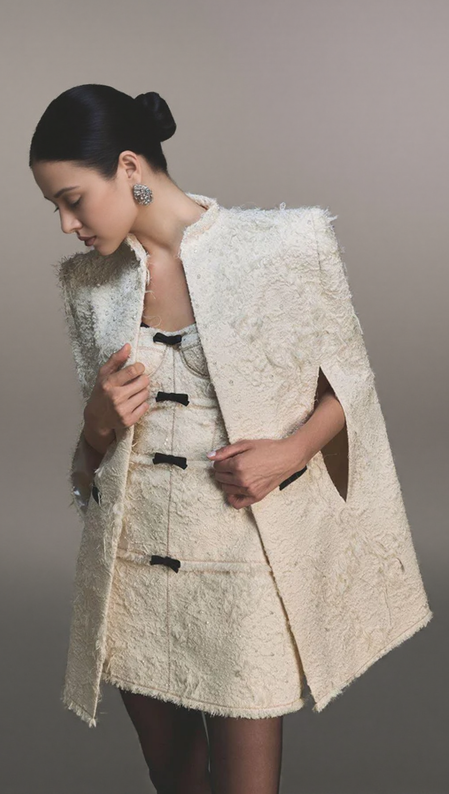 SANTOS BOW JACQUARD MINI DRESS - BEIGE