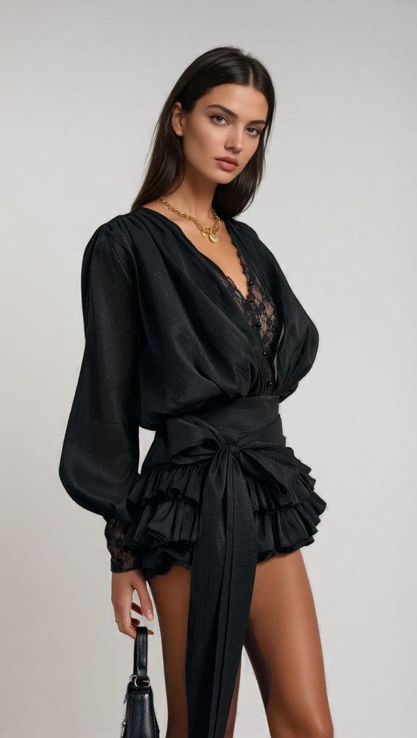 AIIZIE CORNELIA V NECK LACE BOW MINI DRESS IN BLACK - product image