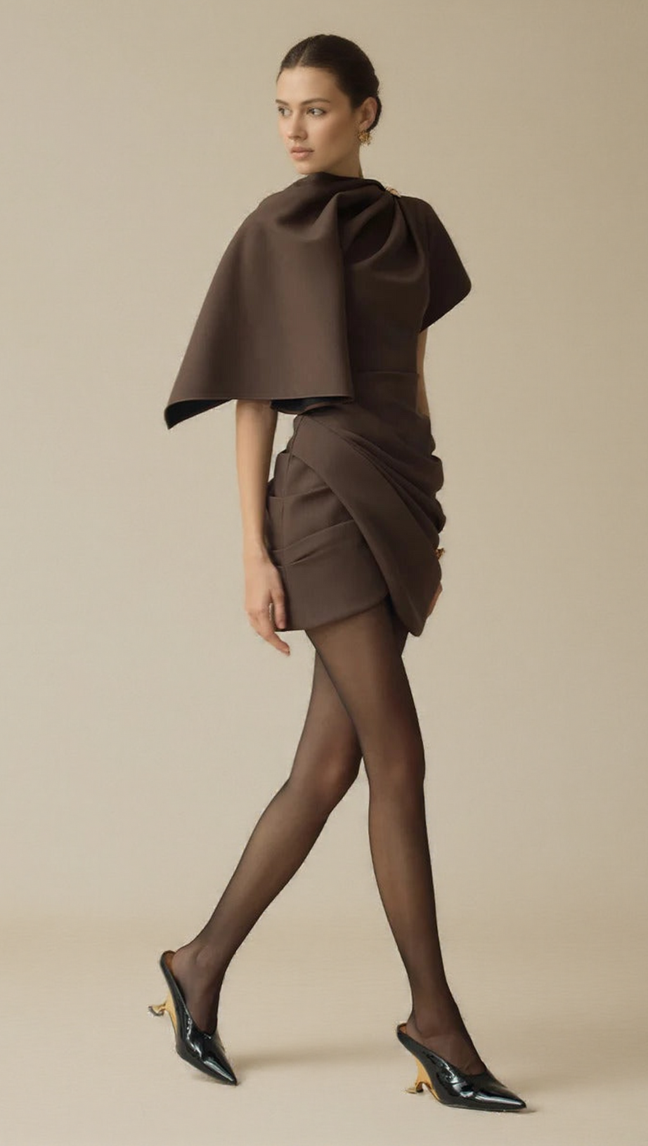 AGATHA ASYMMETRIC SLEEVE DRAPED MINI DRESS IN BROWN