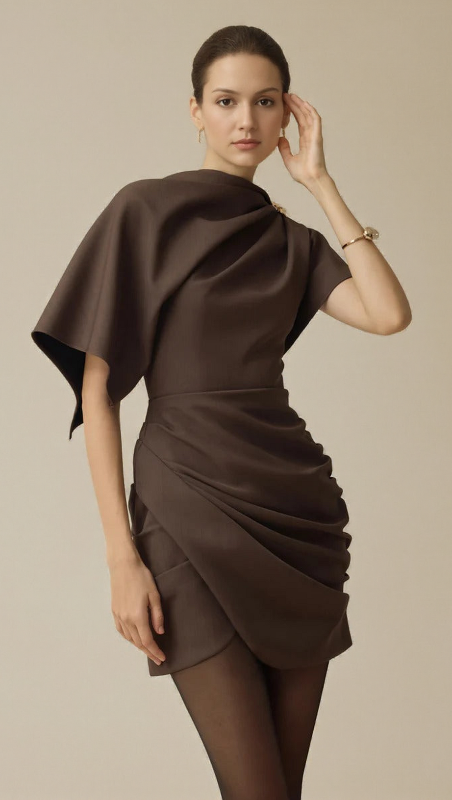 AGATHA ASYMMETRIC SLEEVE DRAPED MINI DRESS IN BROWN