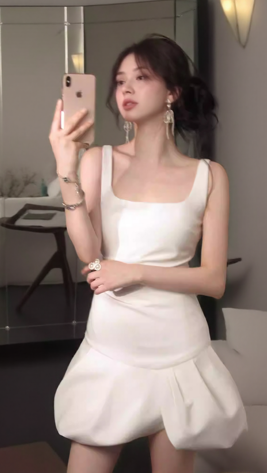 ARABELA SQUARE NECK BUD MINI DRESS IN BEIGE