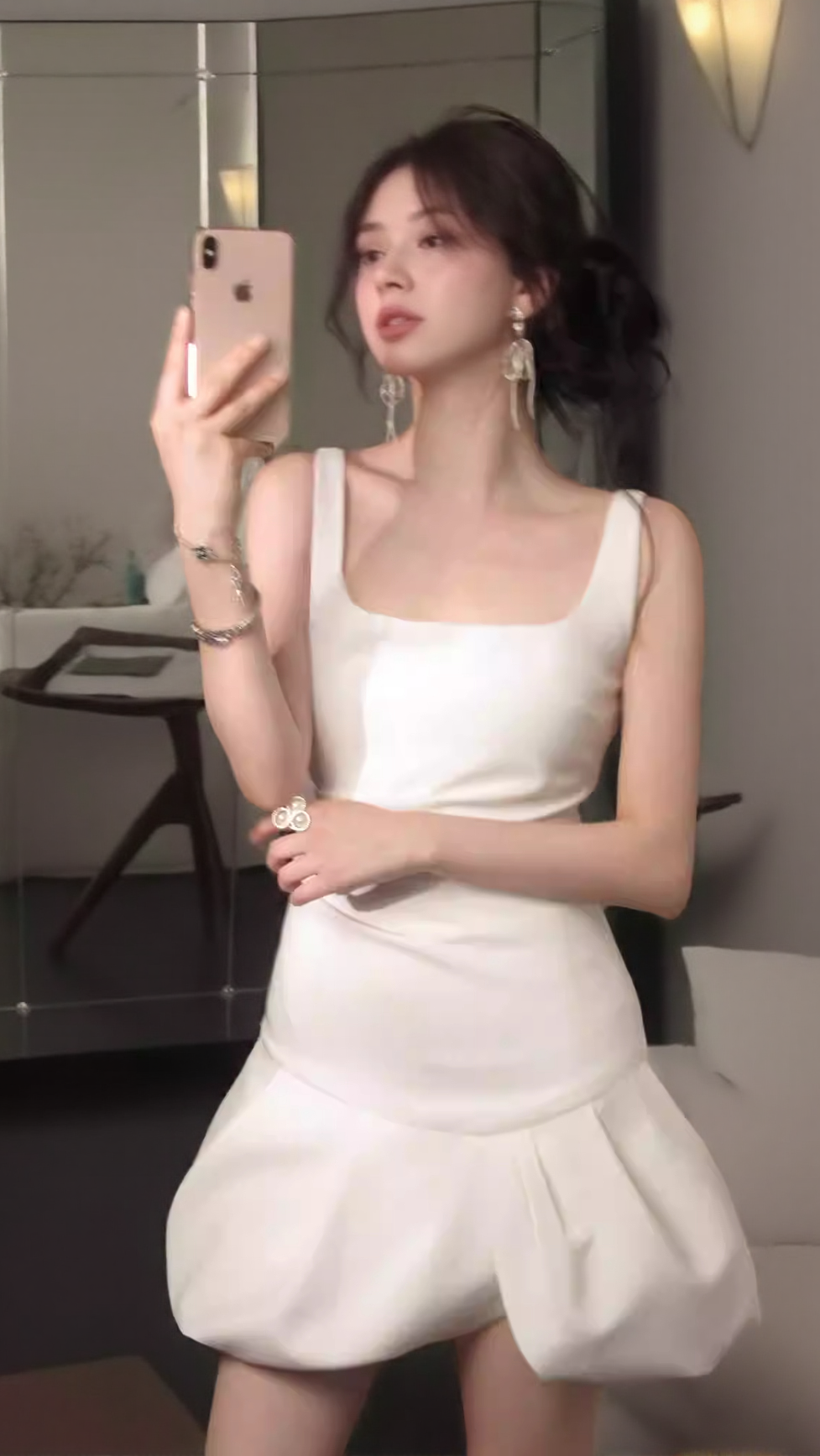 ARABELA SQUARE NECK BUD MINI DRESS IN BEIGE