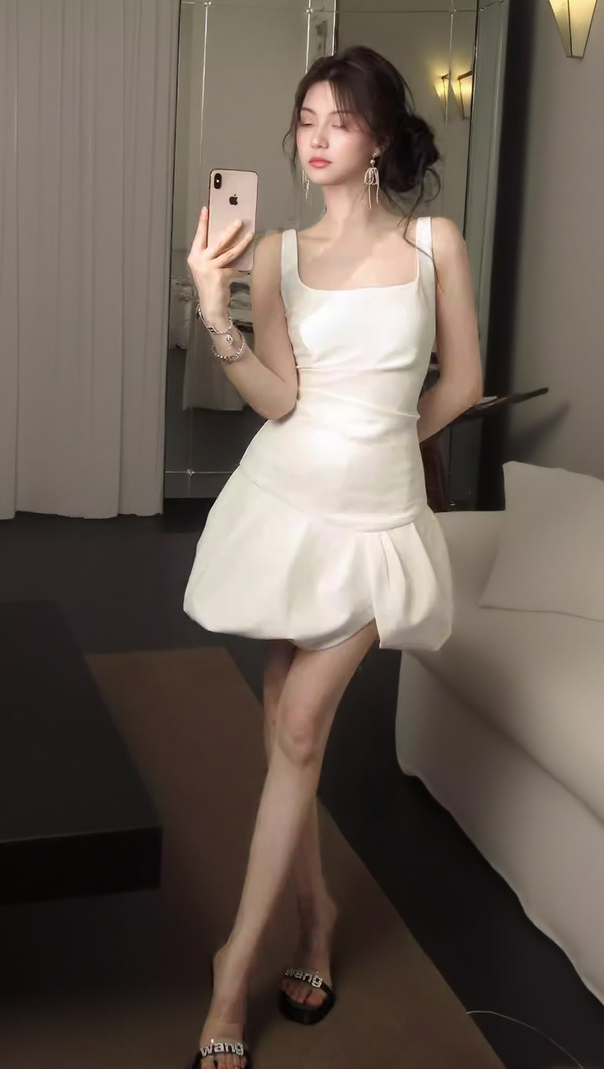 AIIZIE ARABELA SQUARE NECK BUD MINI DRESS IN BEIGE - product image