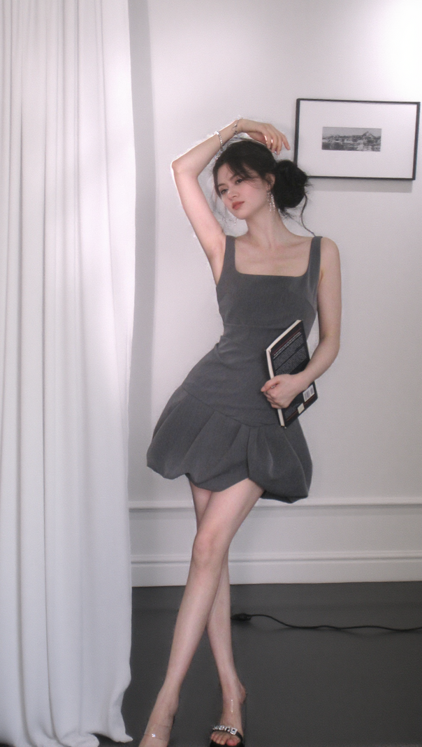 AIIZIE ARABELA SQUARE NECK BUD MINI DRESS IN GRAY - product image
