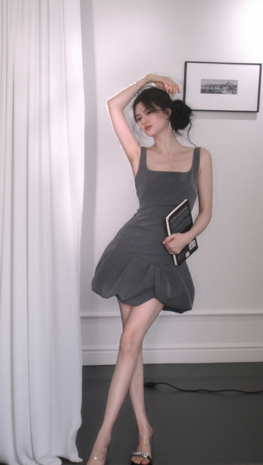 ARABELA SQUARE NECK BUD MINI DRESS IN GRAY