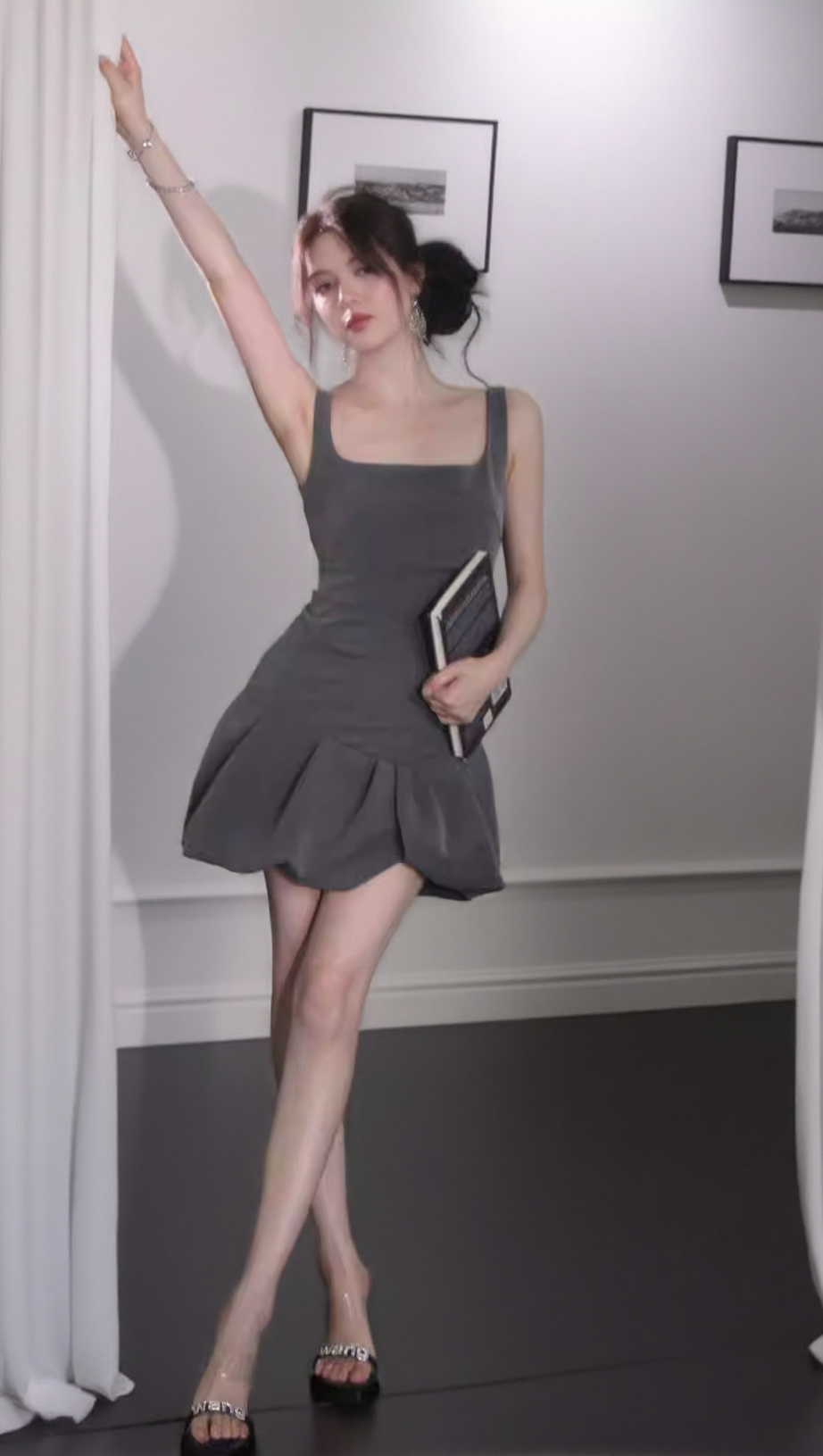 ARABELA SQUARE NECK BUD MINI DRESS IN GRAY