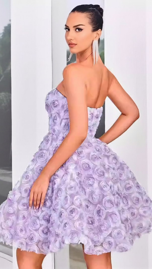 AIIZIE 3D ROSE FLOWER STRAPLESS MIDI DRESS IN PURPLE - product image