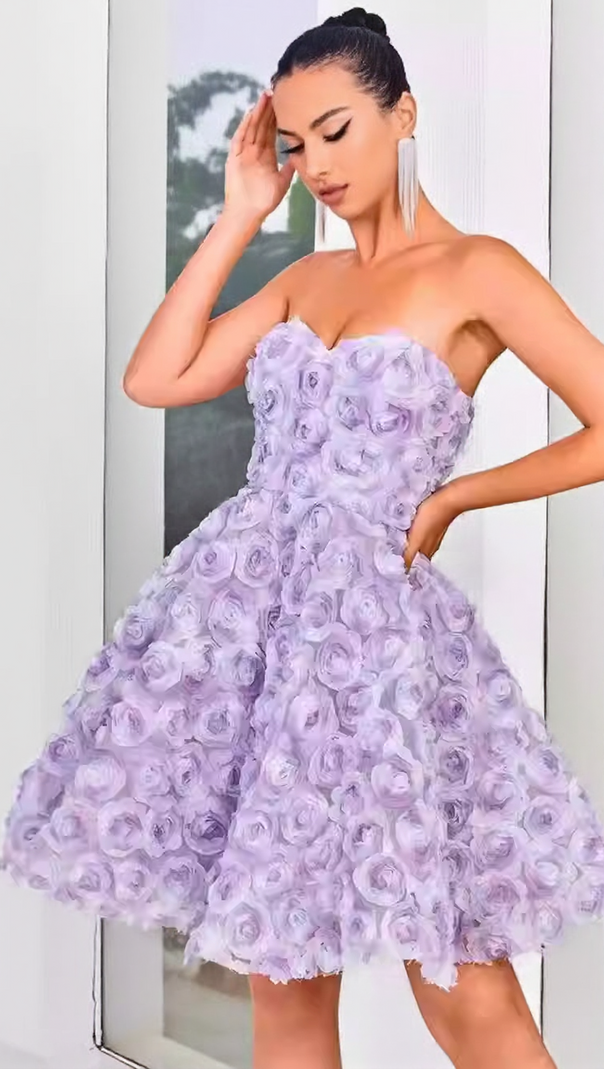 AIIZIE 3D ROSE FLOWER STRAPLESS MIDI DRESS IN PURPLE - product image