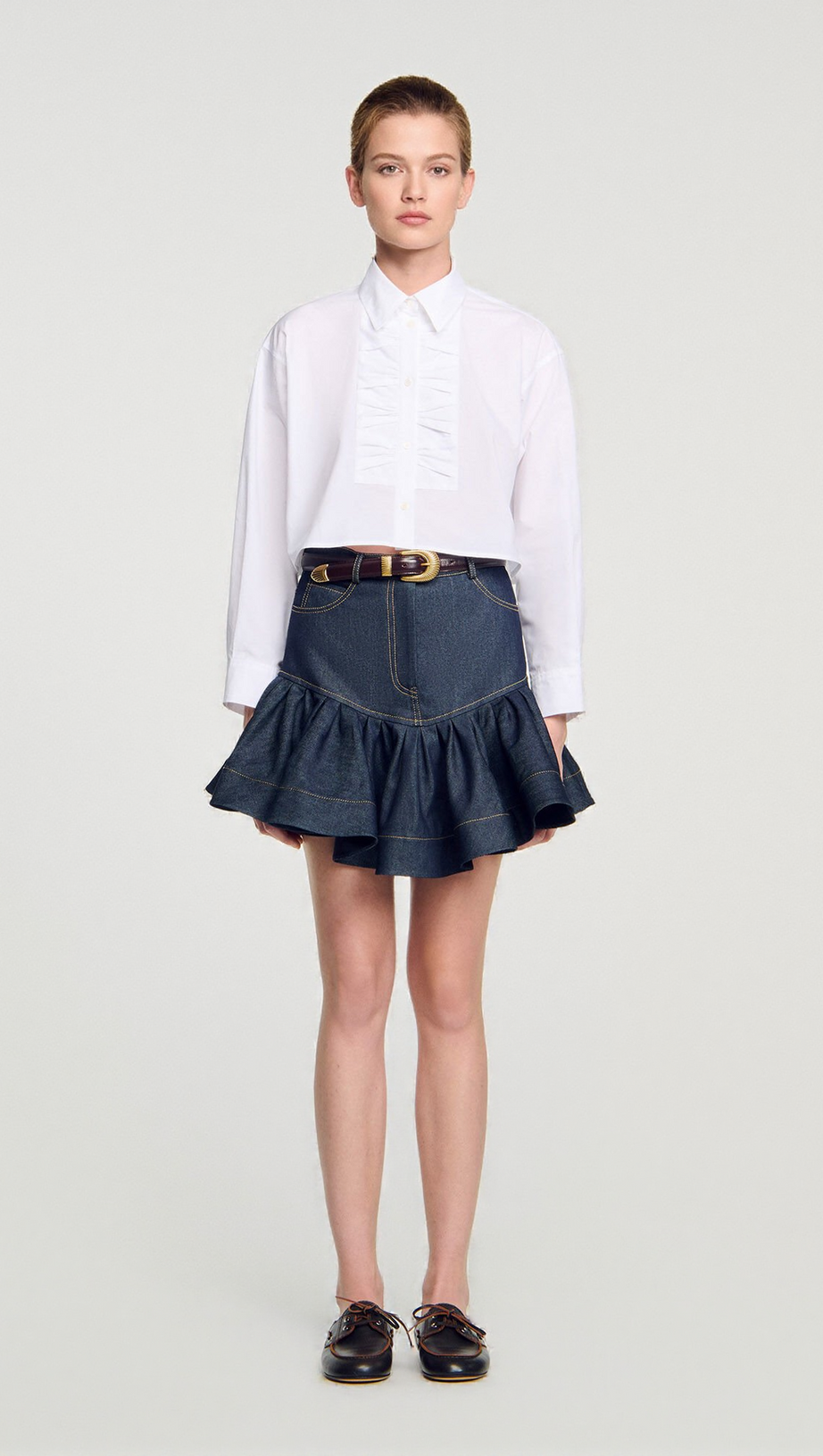 RUFFLED MINI DENIM SKIRT IN DEEP BLUE