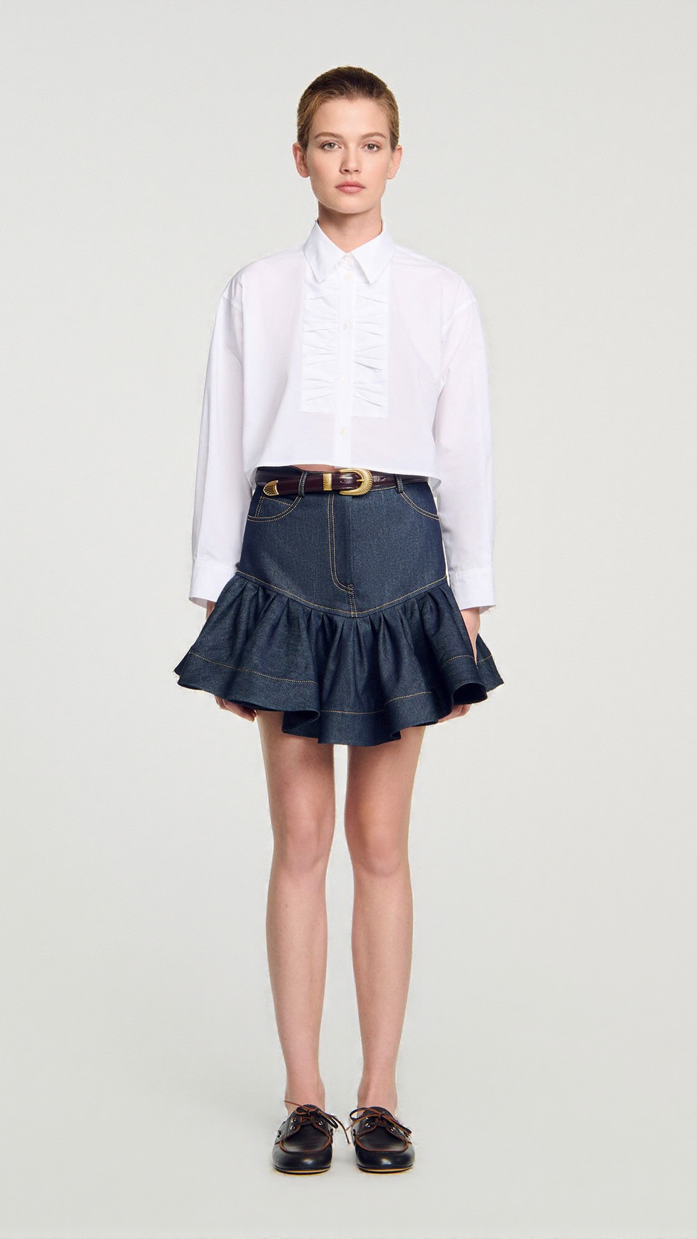 RUFFLED MINI DENIM SKIRT IN DEEP BLUE