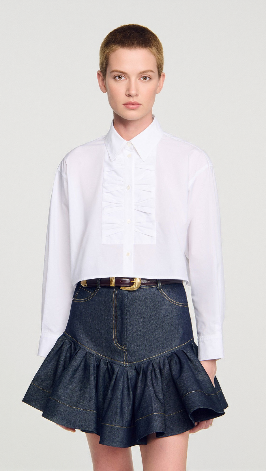 RUFFLED MINI DENIM SKIRT IN DEEP BLUE