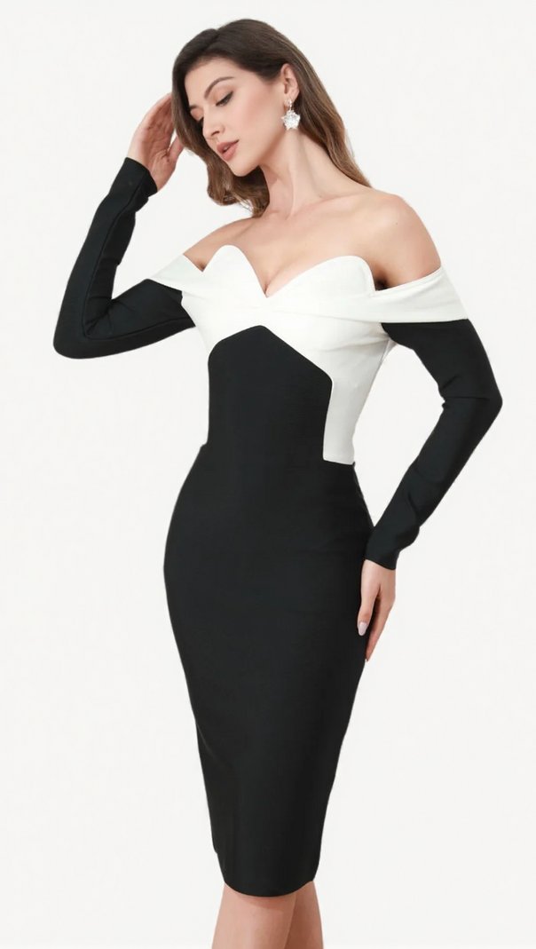 AIIZIE WHITE V-NECK OFF SHOULDER MIDI DRESS IN BLACK - product image