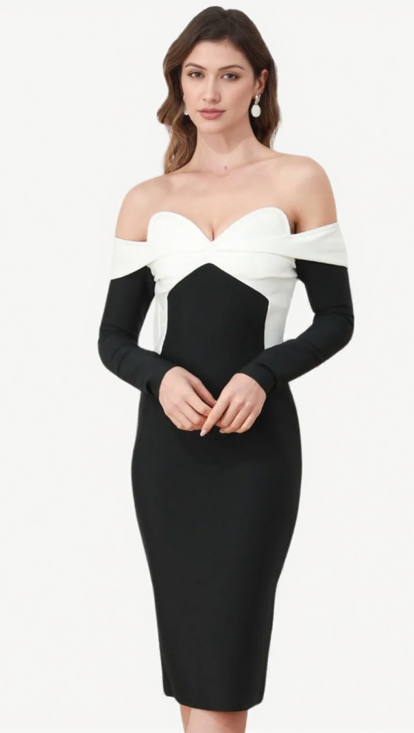 AIIZIE WHITE V-NECK OFF SHOULDER MIDI DRESS IN BLACK - product image