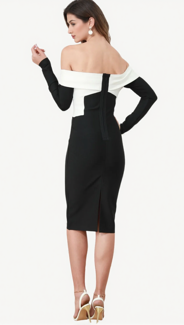 AIIZIE WHITE V-NECK OFF SHOULDER MIDI DRESS IN BLACK - product image