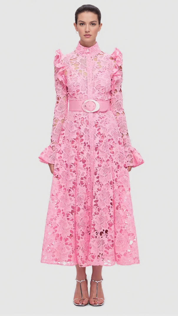 AIIZIE LACE BUTTERFLY SLEEVE MIDI DRESS IN PINK - product image