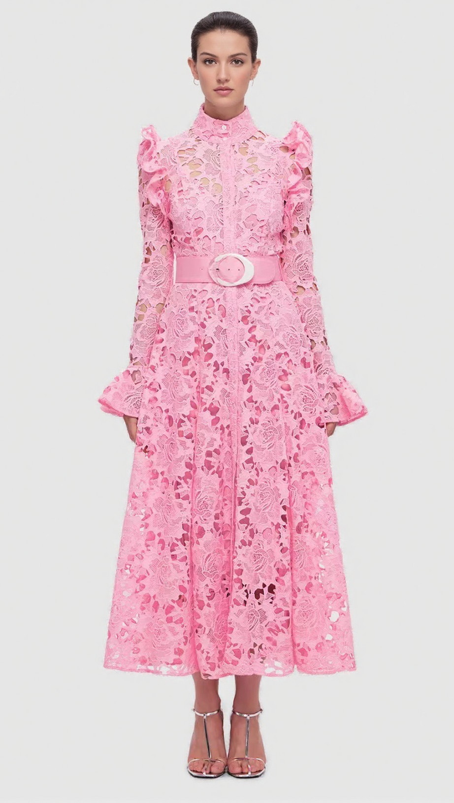 LACE BUTTERFLY SLEEVE MIDI DRESS IN PINK