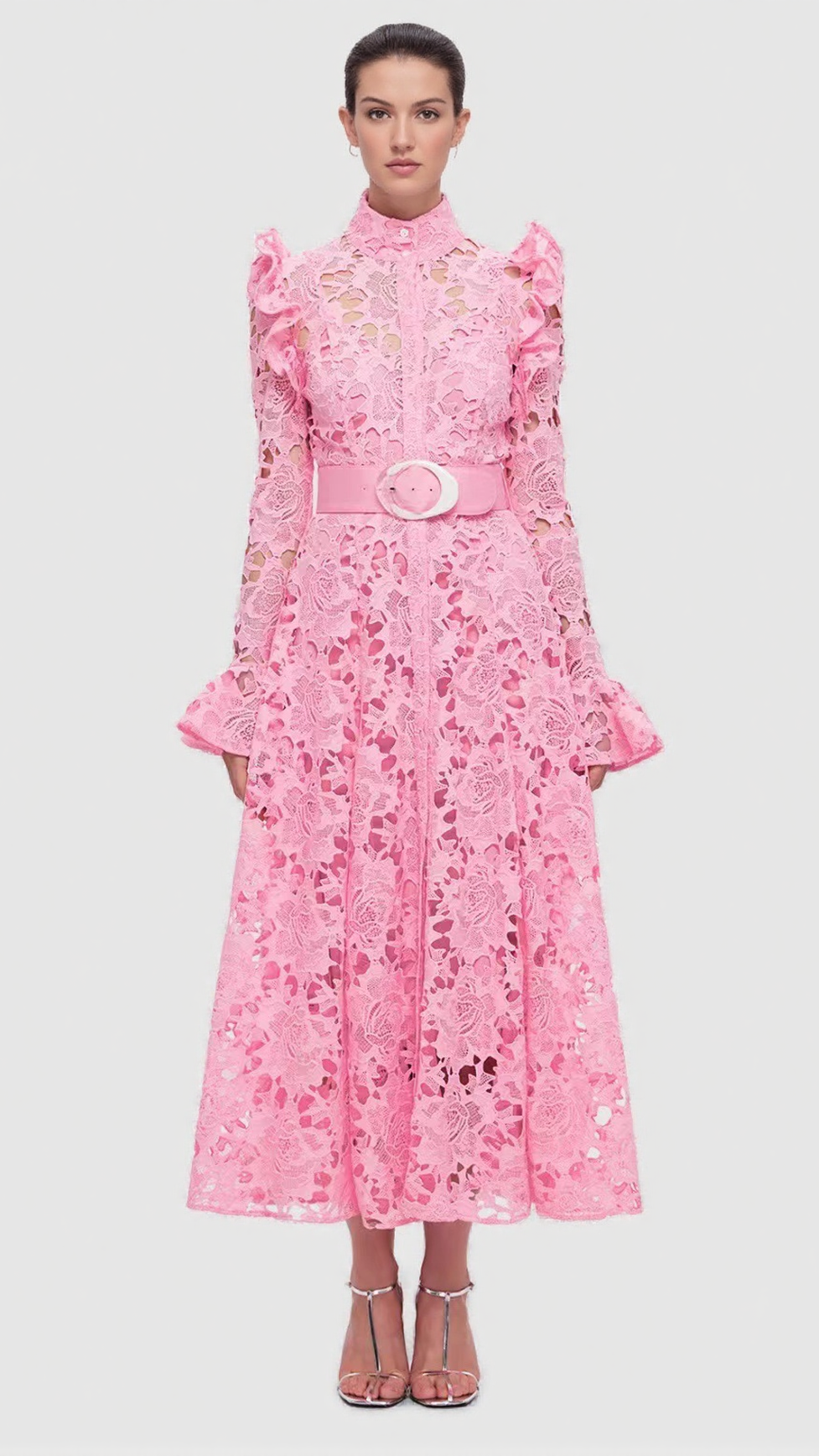 LACE BUTTERFLY SLEEVE MIDI DRESS IN PINK