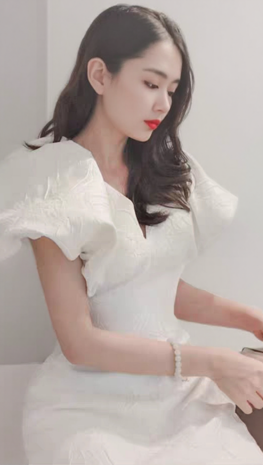 JACQUARD EMBOSSED V-NECK PUFF SLEEVES MINI DRESS