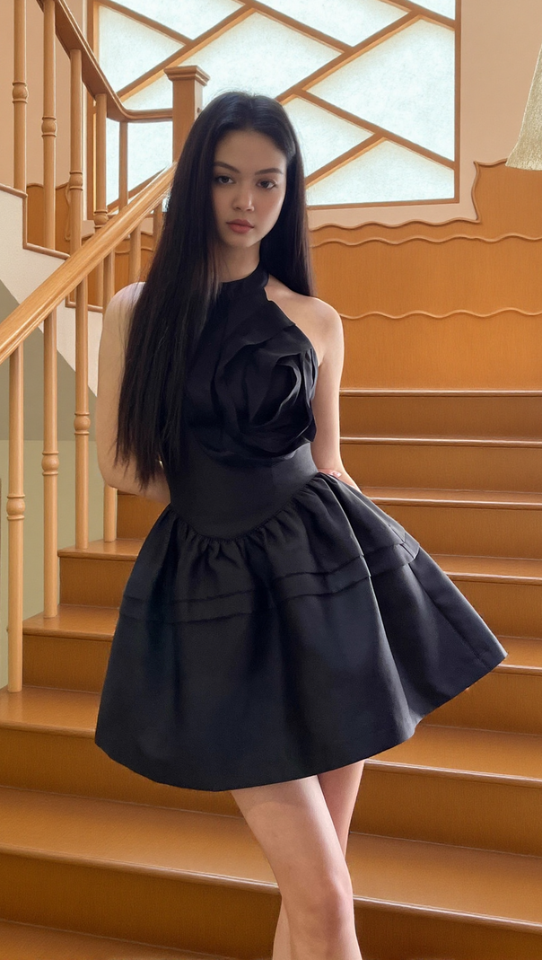 AIIZIE HALTERNECK ROSE MINI DRESS IN BLACK - product image