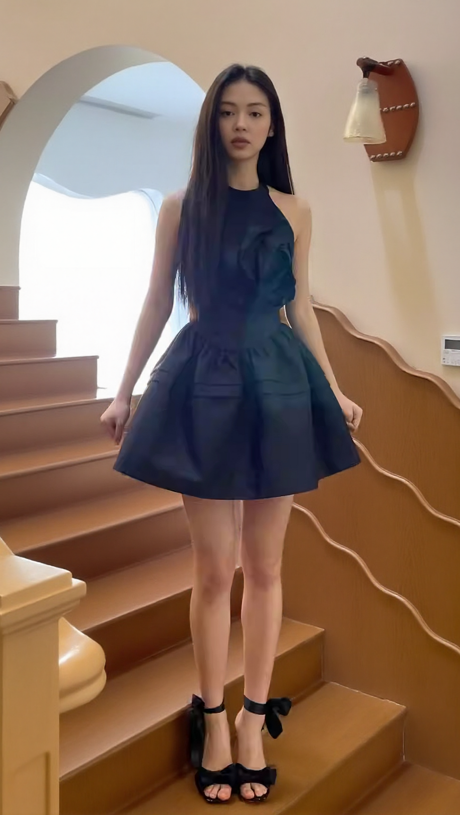 HALTERNECK ROSE MINI DRESS IN BLACK