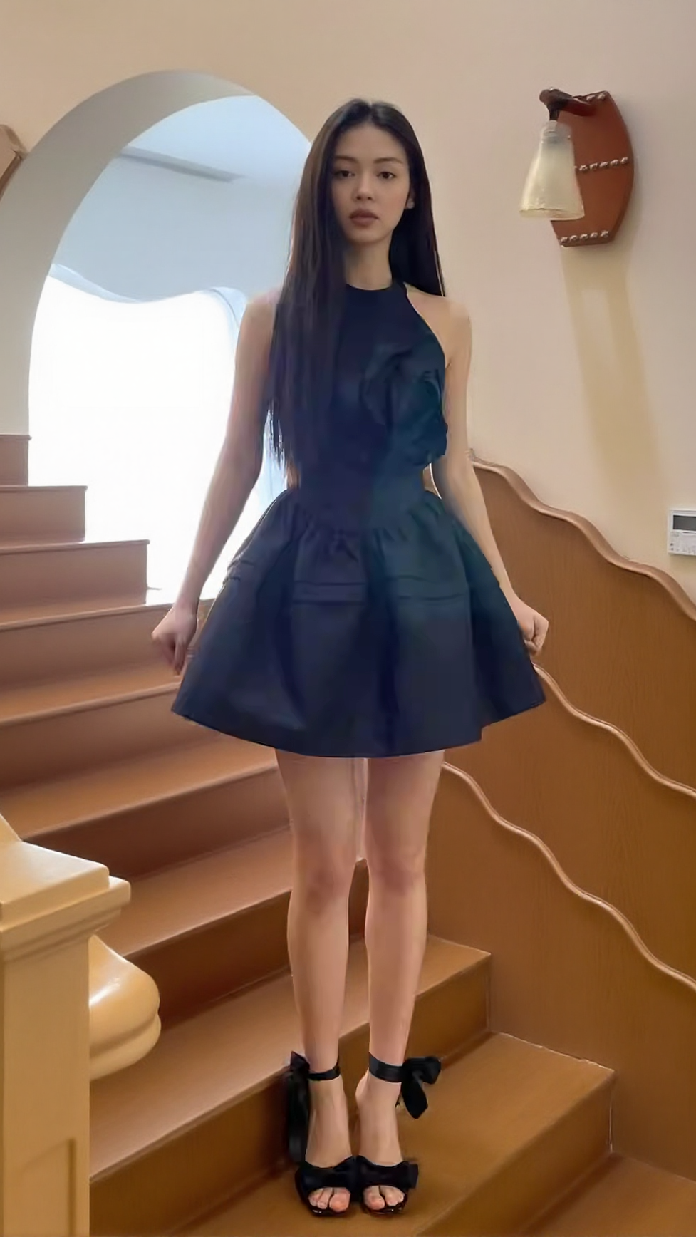 HALTERNECK ROSE MINI DRESS IN BLACK