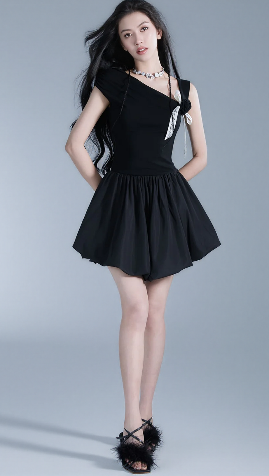 OFF-SHOULDER ROSE MINI DRESS IN BLACK