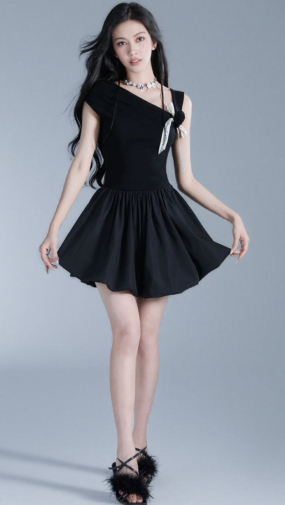 OFF-SHOULDER ROSE MINI DRESS IN BLACK