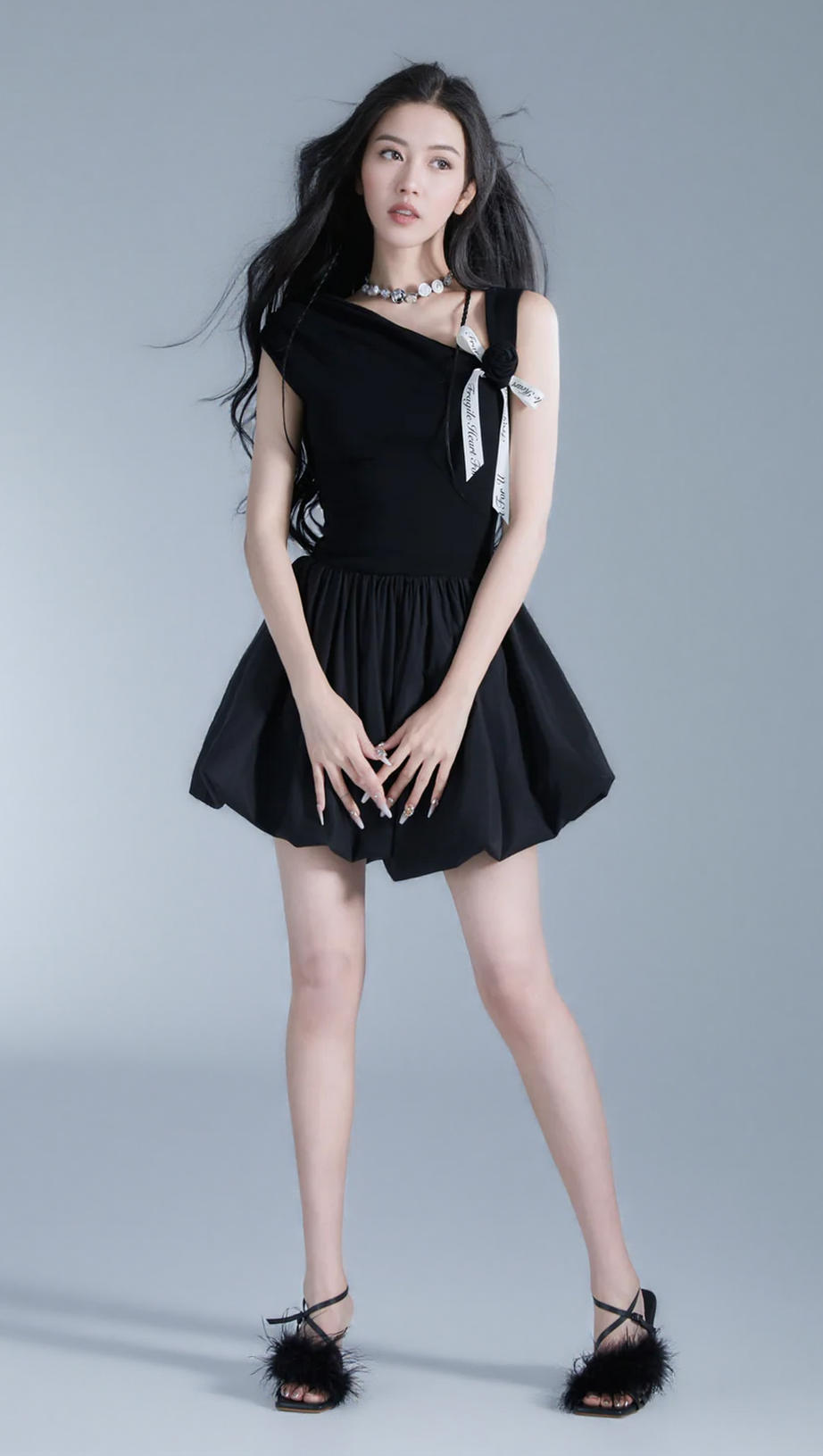 OFF-SHOULDER ROSE MINI DRESS IN BLACK