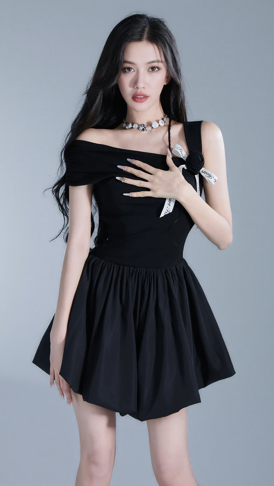 OFF-SHOULDER ROSE MINI DRESS IN BLACK