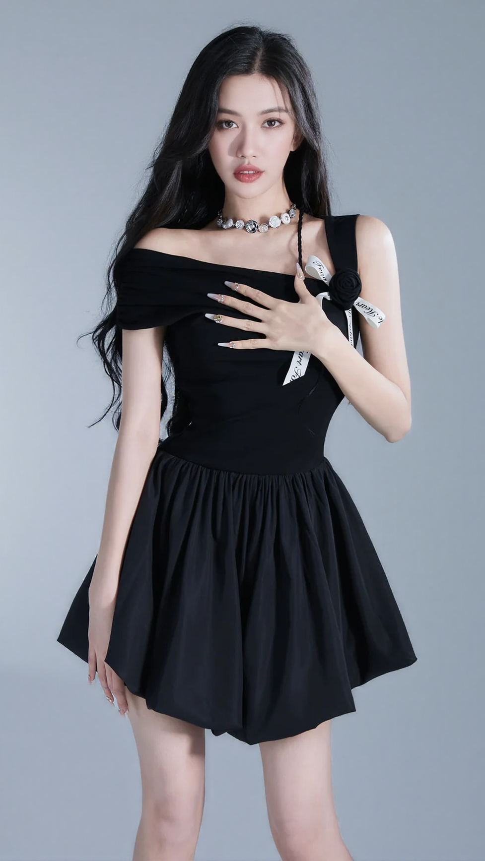 OFF-SHOULDER ROSE MINI DRESS IN BLACK