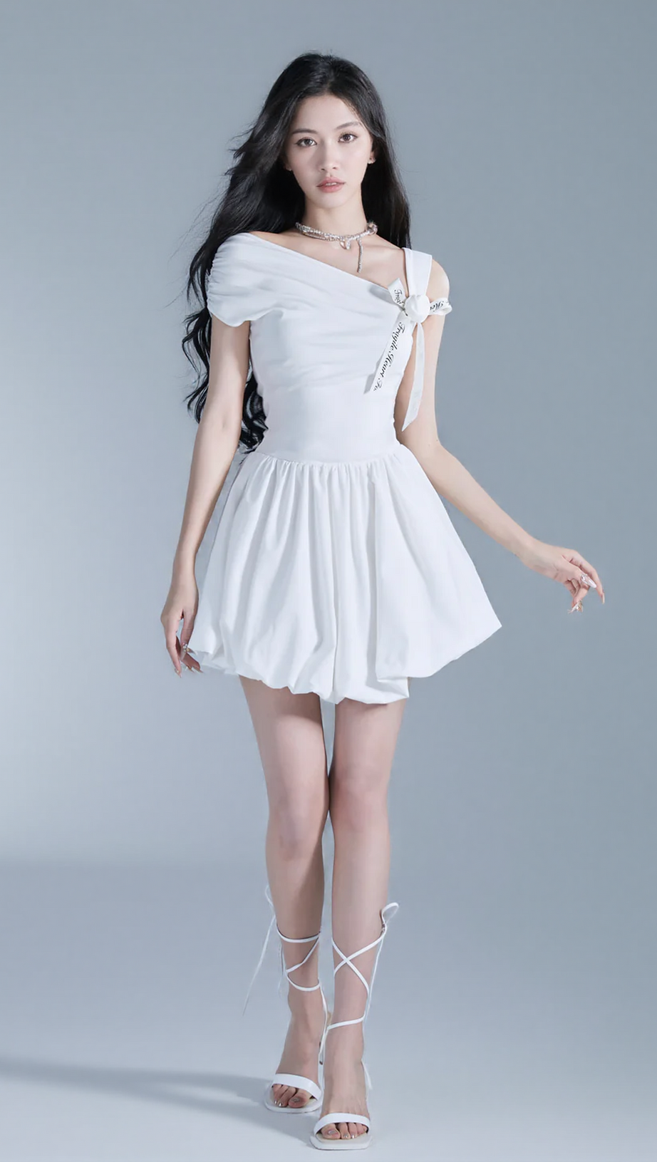 OFF-SHOULDER ROSE MINI DRESS IN WHITE