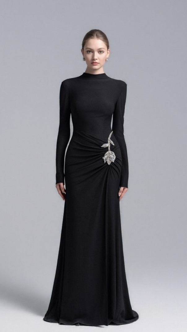 AIIZIE HEDWIG ROSE EMBELLISHED GATHERED SHEATH GOWN IN BLACK - product image