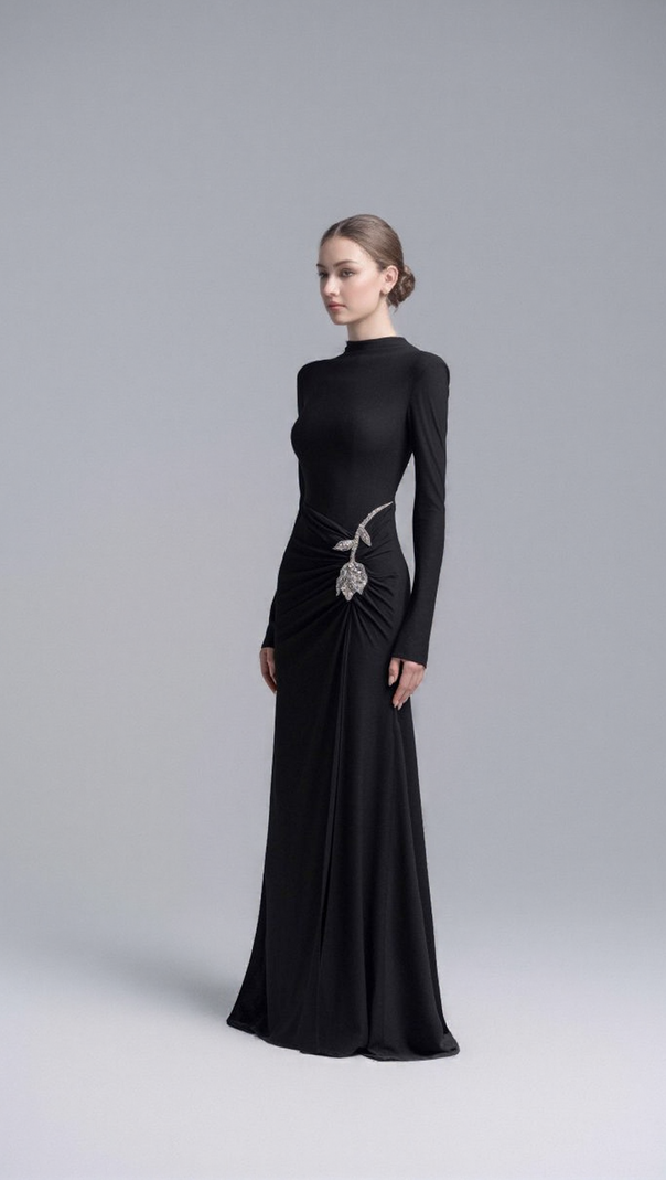 AIIZIE HEDWIG ROSE EMBELLISHED GATHERED SHEATH GOWN IN BLACK - product image