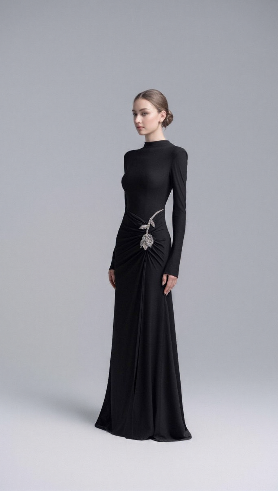 HEDWIG ROSE EMBELLISHED GATHERED SHEATH GOWN IN BLACK