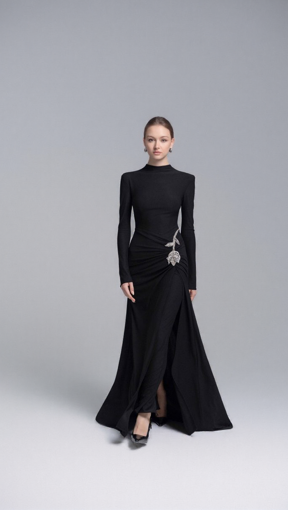 HEDWIG ROSE EMBELLISHED GATHERED SHEATH GOWN IN BLACK