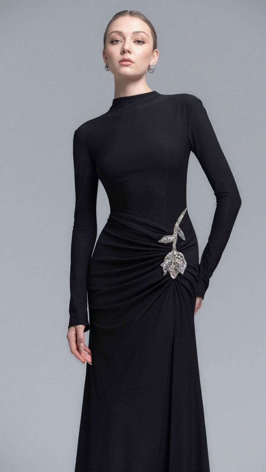 HEDWIG ROSE EMBELLISHED GATHERED SHEATH GOWN IN BLACK