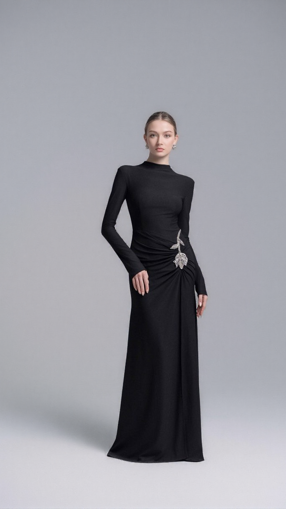 HEDWIG ROSE EMBELLISHED GATHERED SHEATH GOWN IN BLACK