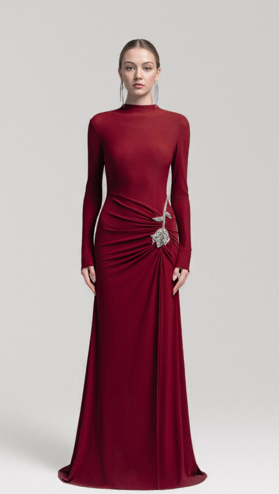 HEDWIG ROSE EMBELLISHED GATHERED SHEATH GOWN IN RED