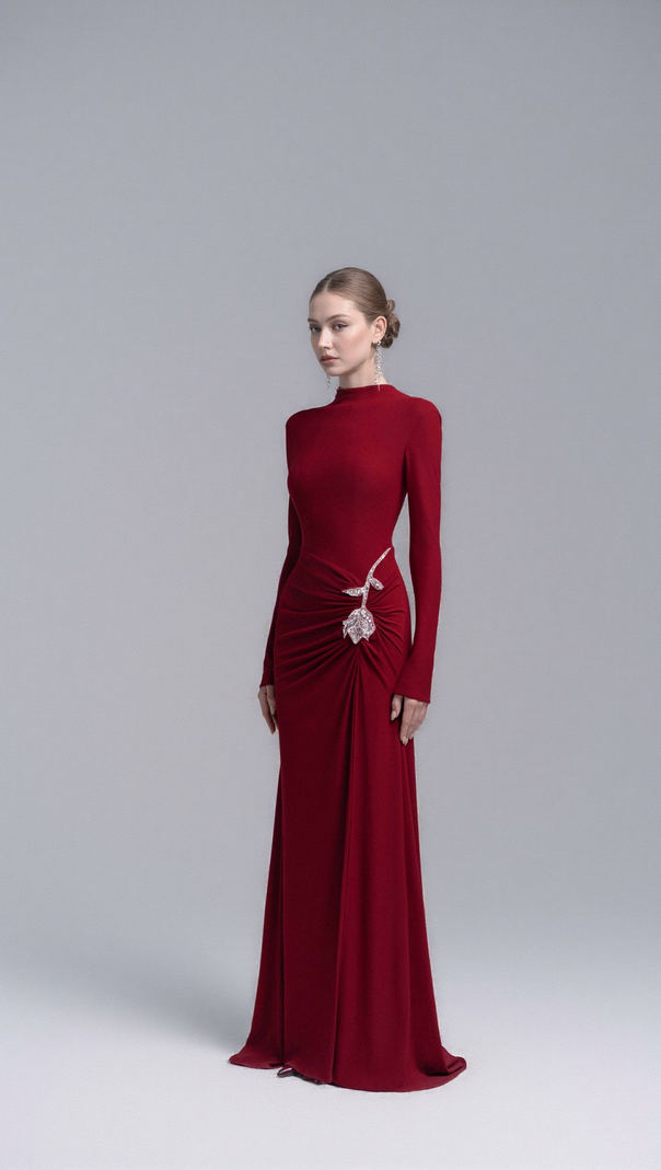 AIIZIE HEDWIG ROSE EMBELLISHED GATHERED SHEATH GOWN IN RED - product image