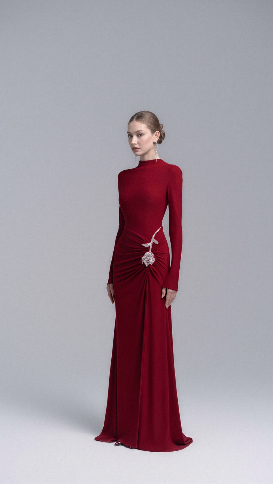 HEDWIG ROSE EMBELLISHED GATHERED SHEATH GOWN IN RED