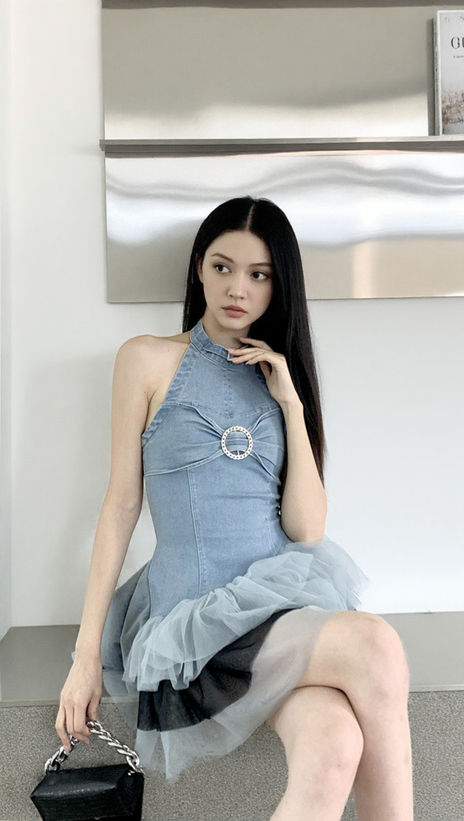 HALTERNECK DENIM MESH MINI DRESS IN BLUE