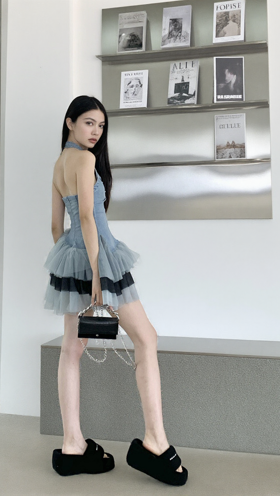 HALTERNECK DENIM MESH MINI DRESS IN BLUE