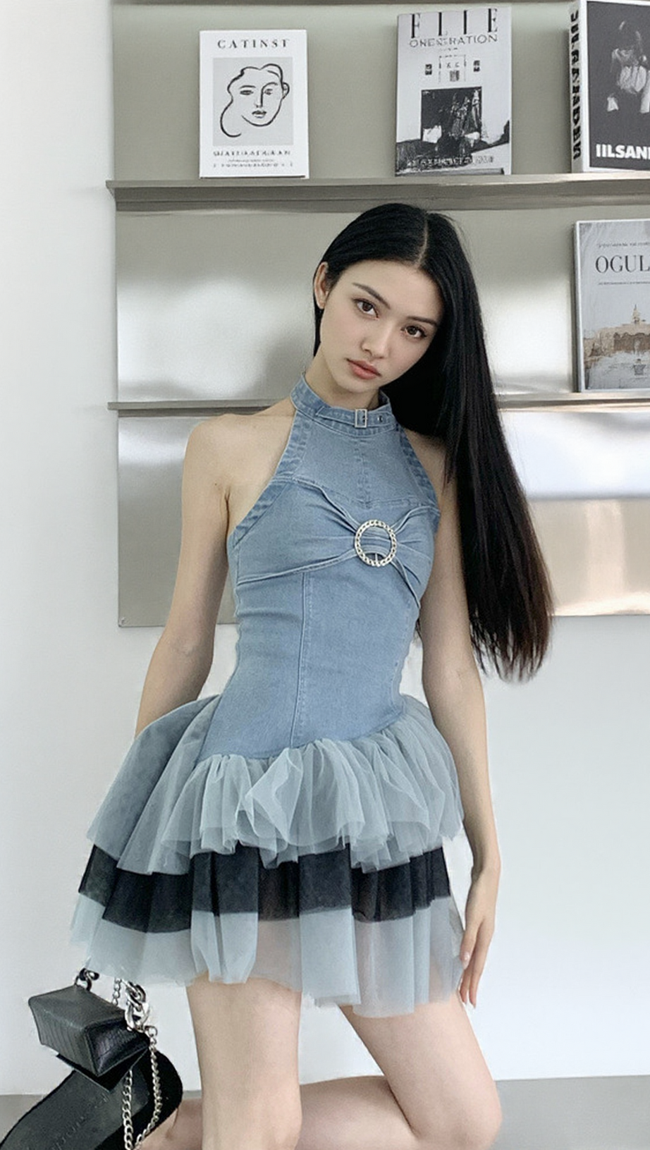 HALTERNECK DENIM MESH MINI DRESS IN BLUE