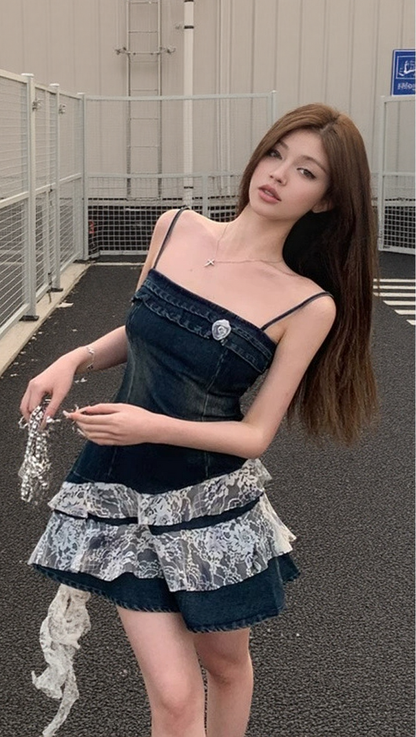 AIIZIE IRREGULAR LACE PATCHWORK DENIM STRAPPY MINI DRESS - product image