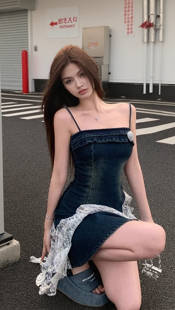 AIIZIE IRREGULAR LACE PATCHWORK DENIM STRAPPY MINI DRESS - product image