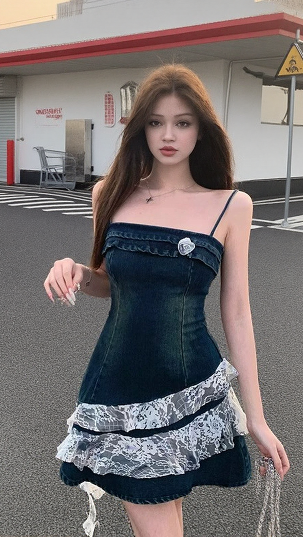 AIIZIE IRREGULAR LACE PATCHWORK DENIM STRAPPY MINI DRESS - product image