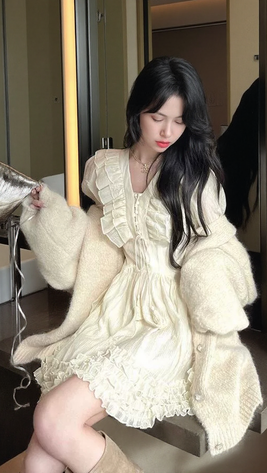 RUFFLED LONG-SLEEVE MINI DRESS IN CHAMPAGNE