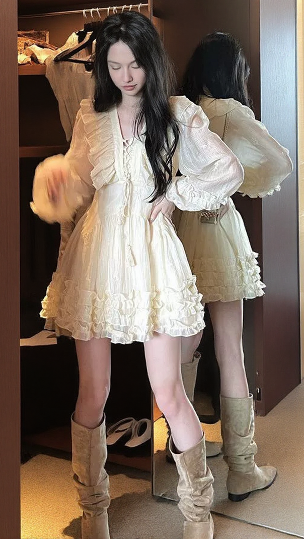 AIIZIE RUFFLED LONG-SLEEVE MINI DRESS IN CHAMPAGNE - product image