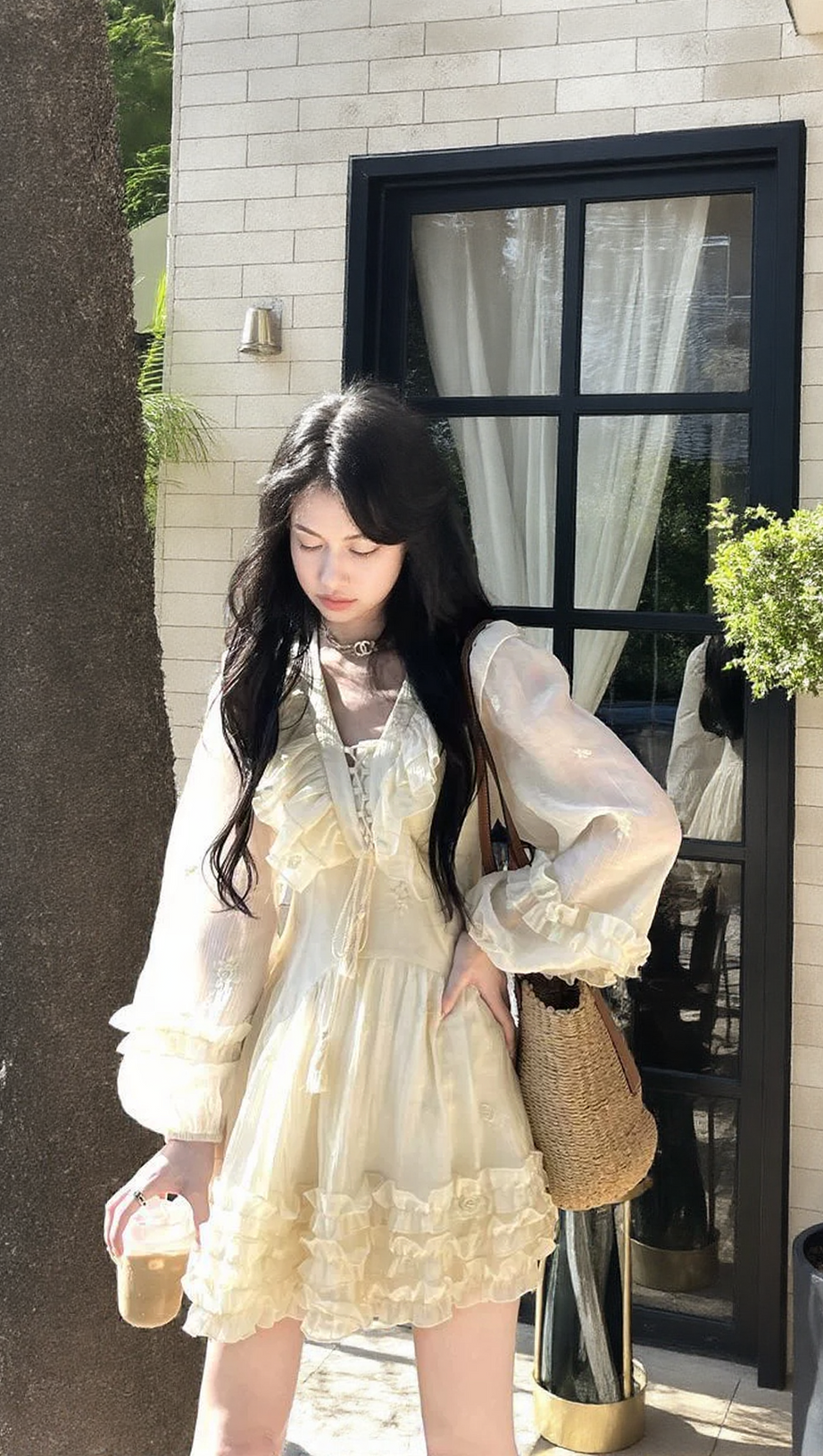 RUFFLED LONG-SLEEVE MINI DRESS IN CHAMPAGNE